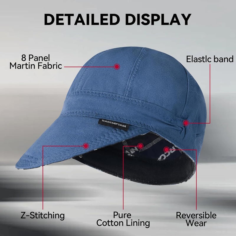ARCCAPTAIN Reversible Welding Cap with Elastic Retractable Band, 8 Panel Protective Welders Cap, 10 oz Fireproof Cotton Comforts for Safety and Protection While Welding to Men Women, 7 5/8, Blue - Image 5